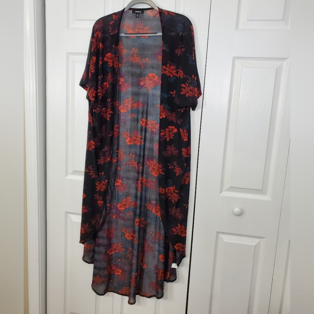 Torrid Curve Full Length Kimono Long Duster 1/2X Black Fall Floral Sheer Chiffon - Picture 4 of 11